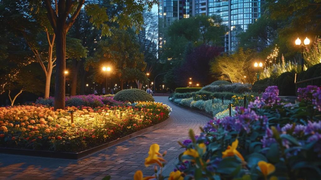 a beautifully illuminated garden at dusk, showcasing vibrant flowers and unique landscape features, with innovative lighting casting a warm glow that enhances the enchanting atmosphere.