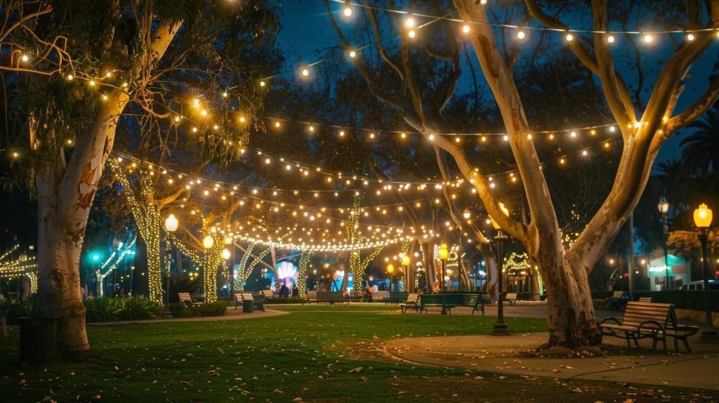a vibrant evening scene in modjeska park, anaheim, illuminated by whimsical outdoor string lights draping gracefully between lush trees, casting a warm and inviting glow across the serene landscape.