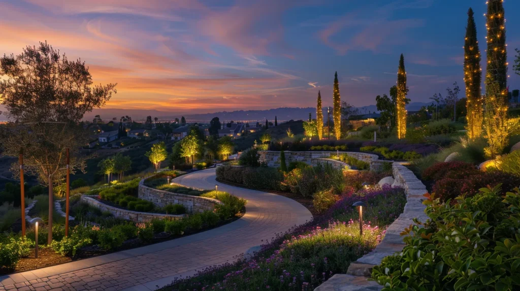 a captivating landscape of yorba linda, showcasing innovative lighting designs that elegantly illuminate vibrant greenery and striking architectural features under a twilight sky.