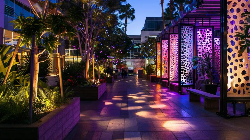 a sophisticated outdoor space in orange county is dramatically illuminated by intricate, artistic lighting designs that showcase vibrant colors and unique patterns against a stylish urban backdrop.