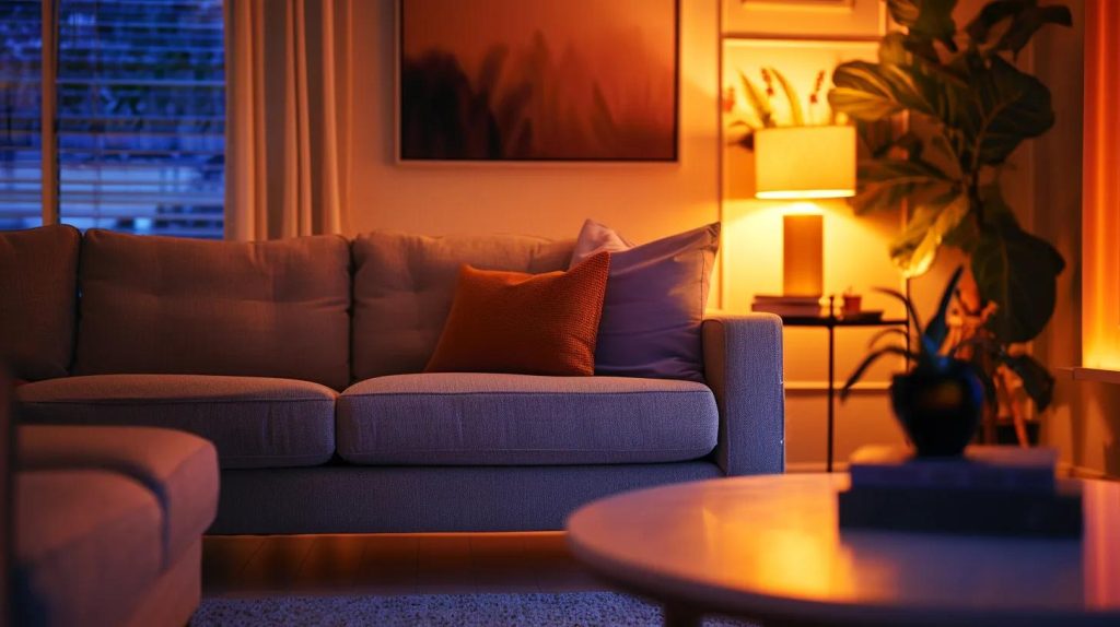 a stylish, modern living room in orange, ca, bathed in warm accent lighting that highlights elegant furniture and creates an inviting atmosphere.
