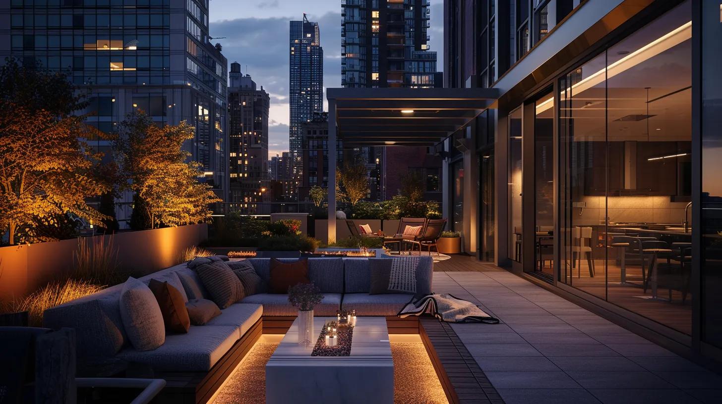 a dynamic urban rooftop terrace is dramatically illuminated by sleek, modern lighting fixtures, showcasing a stylish seating area and inviting ambiance that emphasizes tailored outdoor illumination strategies.