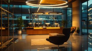 a sleek, contemporary office interior featuring a focused lighting design discussion between an expert and a client, illuminated by strategically placed modern fixtures casting warm, inviting tones against sharp, minimalist furnishings.