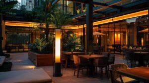 a sleek, modern outdoor lighting installation showcases striking architectural designs in a sophisticated urban patio setting, illuminated by warm, inviting fixtures against a backdrop of contemporary decor.