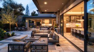 a stylish outdoor living area in an upscale residential setting showcases elegant furnishings and sophisticated design elements, inviting viewers to envision a seamless blend of luxury and comfort for their transformed space near anaheim.