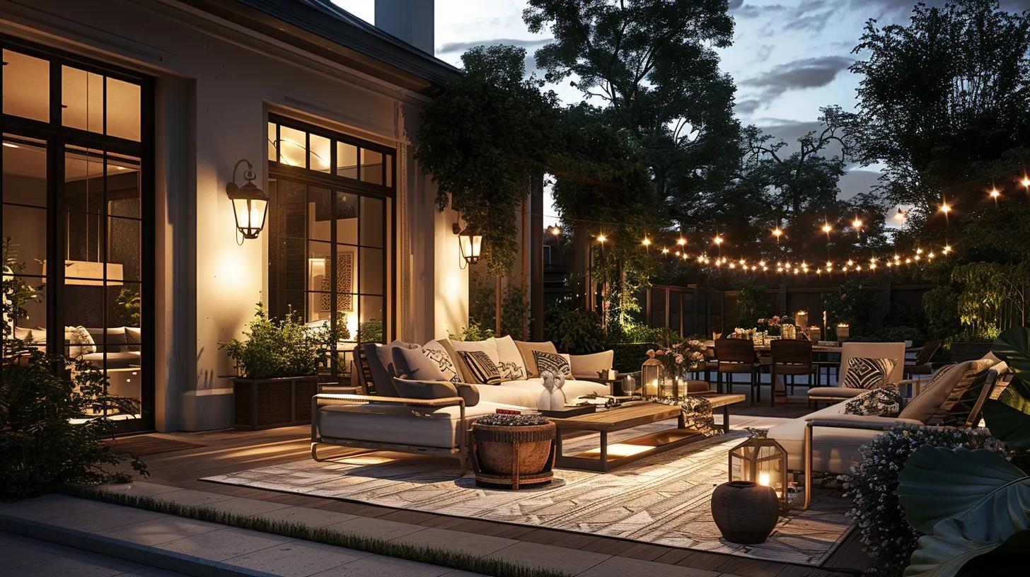 a stylish outdoor patio elegantly furnished with durable lighting fixtures, showcasing sleek designs that withstand coastal elements while maintaining a sophisticated ambiance.